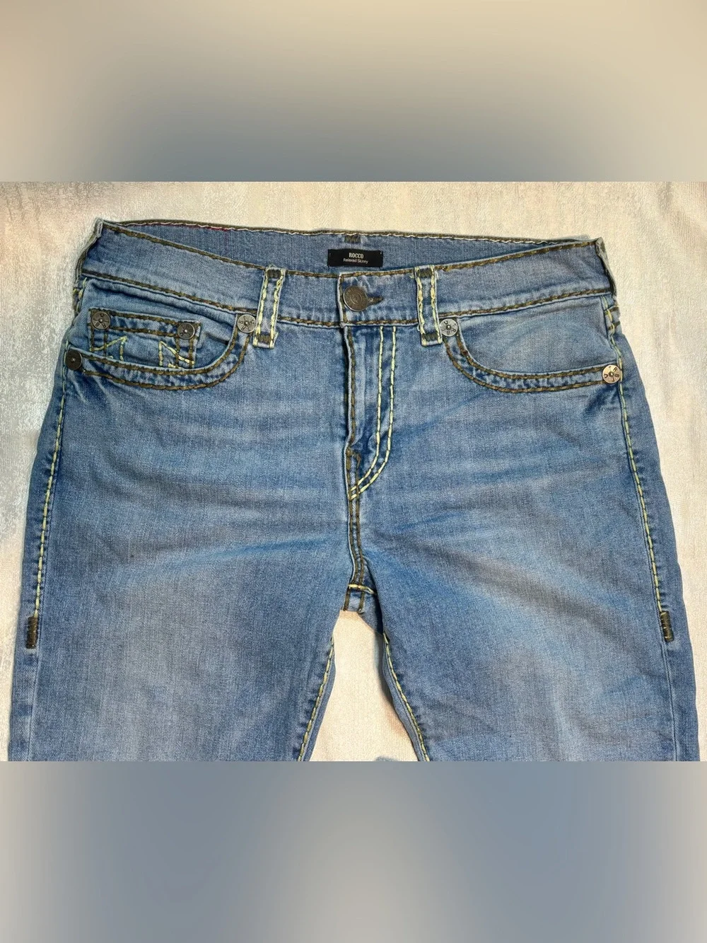 True Religion Rocco Relaxed Skinny Jeans Contrast Stitch Blue Denim Size 34